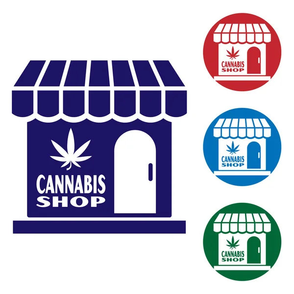 Icono de la tienda de marihuana azul y cannabis aislado sobre fondo blanco. Equipos y accesorios para fumar, almacenar cannabis medicinal. Establecer iconos de color en botones de círculo. Ilustración vectorial — Vector de stock
