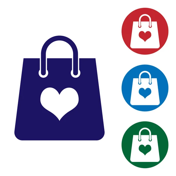 Bolsa de compras azul con icono del corazón aislado sobre fondo blanco. Tienda de bolsas de compras amor como icono del corazón. Símbolo de San Valentín. Establecer el icono de color en botones de círculo. Ilustración vectorial — Archivo Imágenes Vectoriales