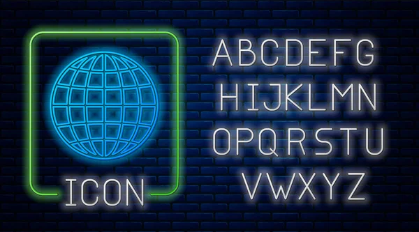 Gloeiende neon Earth Globe pictogram geïsoleerd op bakstenen muur achtergrond. Neon licht alfabet. Vector illustratie — Stockvector