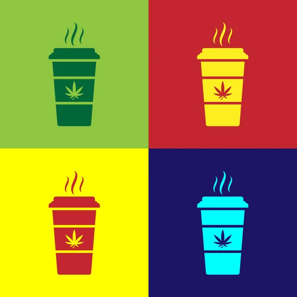 Kleur kopje koffie met marihuana of cannabis blad icoon geïsoleerd op kleur achtergrond. Marihuana legalisatie. Hennep symbool. Vector illustratie — Stockvector