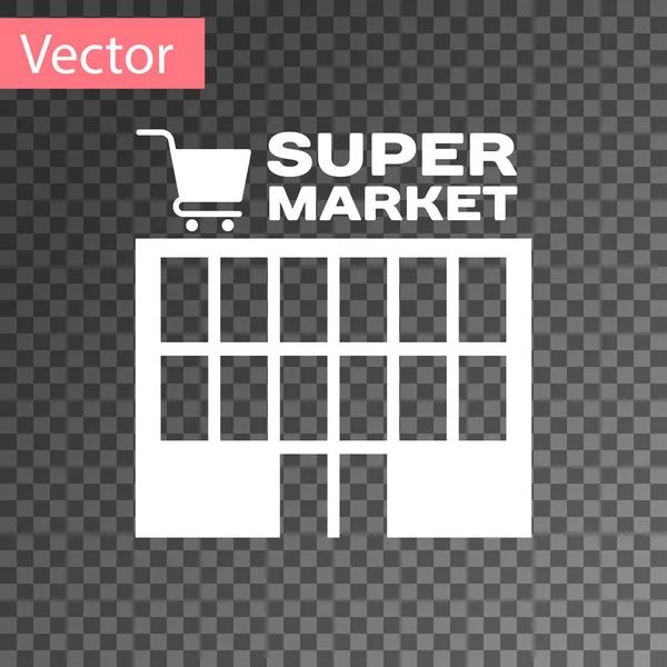White Supermarket building with shopping cart icon isolated on transparent background. Shop or store. Mall building. Vector Illustration — Stock Vector