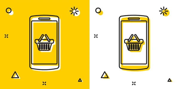 Black Cesta de la compra en pantalla icono del smartphone aislado sobre fondo amarillo y blanco. Concepto e-commerce, e-business, marketing online. Formas dinámicas aleatorias. Ilustración vectorial — Vector de stock