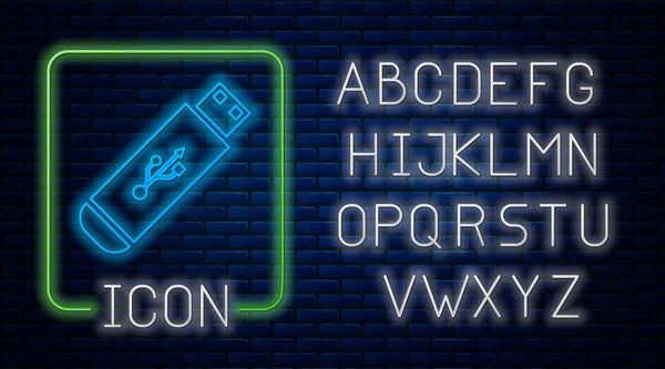 Leuchtende Neon-USB-Stick-Symbol isoliert auf Backsteinwand Hintergrund. Neonlicht-Alphabet. Vektorillustration — Stockvektor