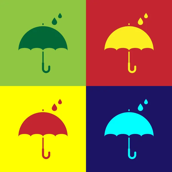 色の傘と雨は、色の背景に分離されたアイコンをドロップします。防水アイコン。保護、安全、セキュリティの概念。耐水性記号。ベクトルイラストレーション — ストックベクタ