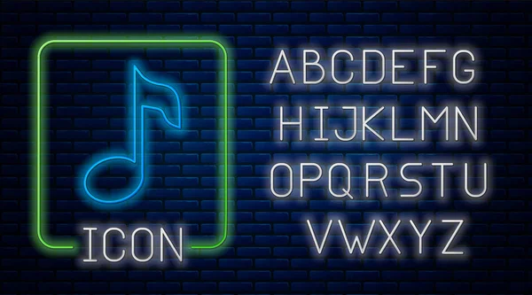 Glödande Neon musik not, tonen ikon isolerad på tegelvägg bakgrund. Neonljus alfabetet. Vektor illustration — Stock vektor
