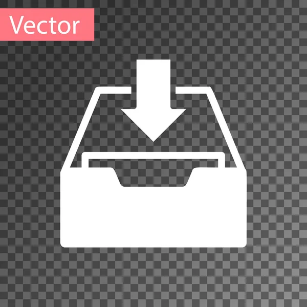 Ícone de caixa de entrada de download branco isolado em fundo transparente. Adicionar ao arquivo. Ilustração vetorial — Vetor de Stock