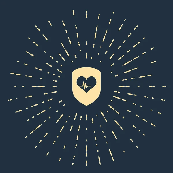 Escudo beige e icono de frecuencia cardíaca aislados sobre fondo azul oscuro. Concepto de protección de la salud Salud. Puntos aleatorios de círculo abstracto. Ilustración vectorial — Vector de stock