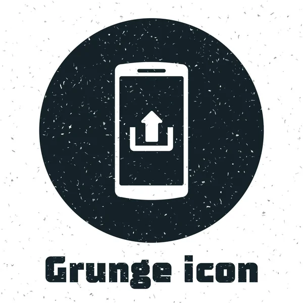 Grunge-Smartphone mit Upload-Symbol auf weißem Hintergrund. Vektorillustration — Stockvektor