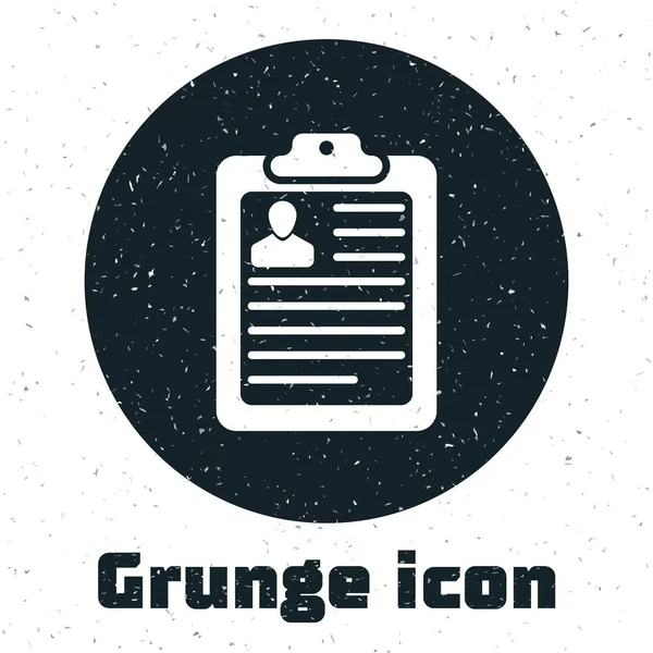 Grunge Clipboard com ícone de currículo isolado no fundo branco. Aplicação CV. Currículo vitae, formulário de candidatura de emprego com foto de perfil. Ilustração vetorial — Vetor de Stock