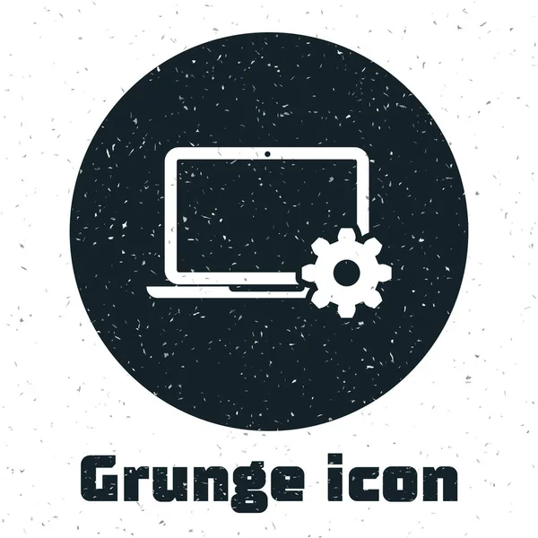 Grunge Laptop e engrenagem ícone isolado no fundo branco. Conceito de serviço de laptop. Ajuste, serviço, configuração, manutenção, reparação, fixação. Ilustração vetorial — Vetor de Stock