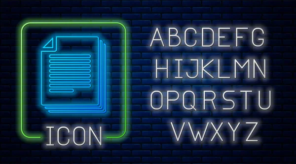 Lumineux néon Icône Document isolé sur fond de mur de briques. Icône de fichier. Icône Liste de vérification. Concept d'entreprise. Alphabet néon. Illustration vectorielle — Image vectorielle