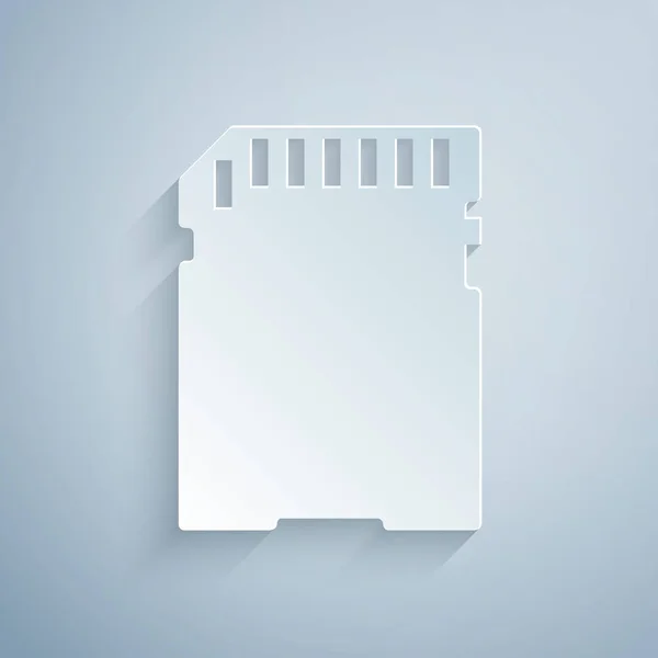 灰色の背景に分離された紙カットSDカードアイコン。メモリカード。アダプタ アイコン。ペーパーアートスタイル。ベクトルイラストレーション — ストックベクタ