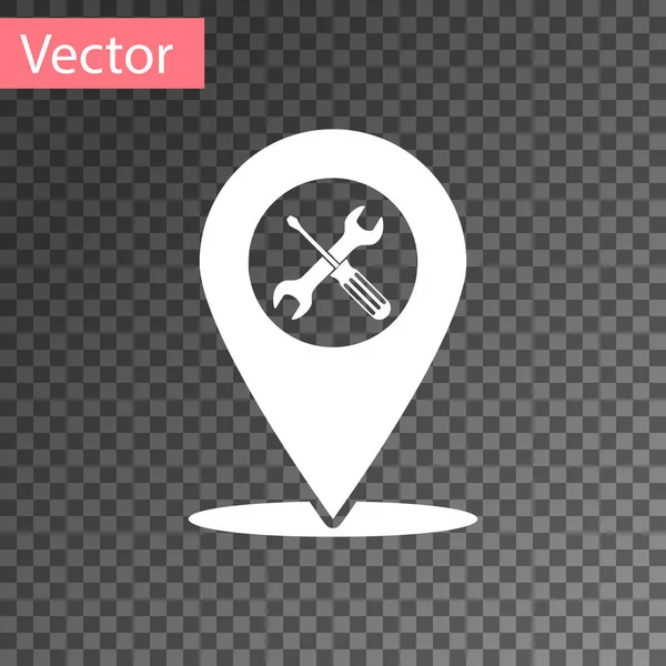 Localização branca com chave de fenda cruzada e ícone de ferramentas de chave de fenda isolado em fundo transparente. Símbolo de configurações de ponteiro. Ilustração vetorial — Vetor de Stock