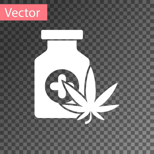 Weiße medizinische Flasche mit Marihuana oder Cannabisblatt-Symbol auf transparentem Hintergrund. Attrappe von Cannabisöl-Extrakten in Gläsern. Vektorillustration — Stockvektor