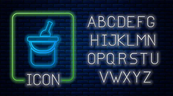Glowing neon Bottle of wine in an ice bucket icon isolated on brick wall background. Neon light alphabet. Vector Illustration — Stock Vector