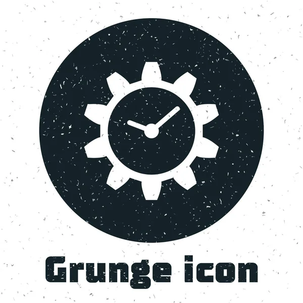 Icono de Grunge Time Management aislado sobre fondo blanco. Señal de reloj y engranaje. Ilustración vectorial — Vector de stock