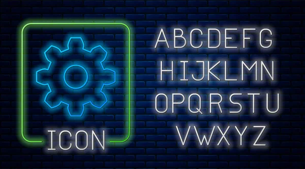 벽돌 벽 배경에 격리 빛나는 네온 기어 아이콘. 톱니바퀴 기어 설정 기호입니다. 코그 기호입니다. 네온 빛 알파벳. 벡터 일러스트레이션 — 스톡 벡터