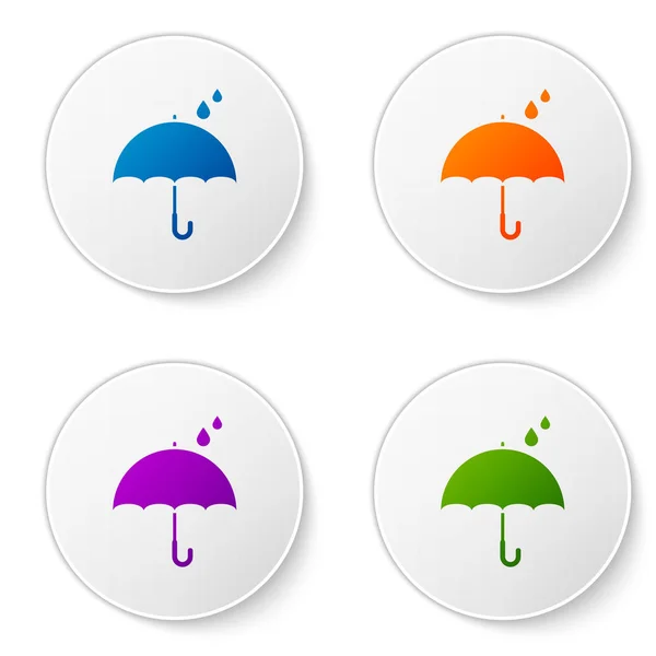 Paraguas de color y gotas de lluvia icono aislado sobre fondo blanco. Icono impermeable. Protección, seguridad, concepto de seguridad. Símbolo resistente al agua. Establecer iconos en botones de círculo. Ilustración vectorial — Vector de stock