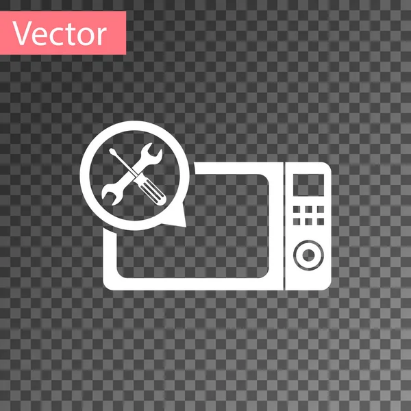 Horno de microondas blanco con destornillador e icono de llave aislada sobre fondo transparente. Ajuste, servicio, ajuste, mantenimiento, reparación, fijación. Ilustración vectorial — Vector de stock