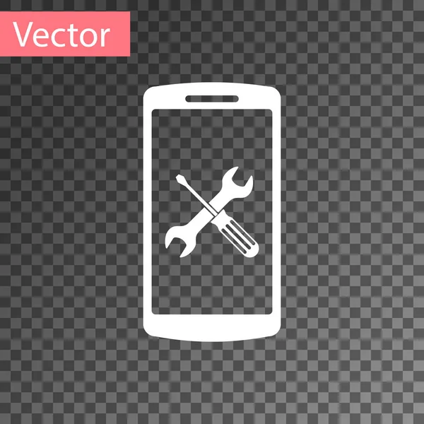Белый смартфон с отвёрткой и значком гаечного ключа изолирован на прозрачном фоне. Регулировка, обслуживание, настройка, обслуживание, ремонт, фиксация. Векторная миграция — стоковый вектор