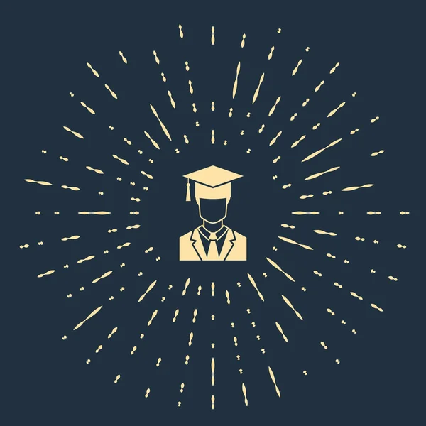 Perfil de estudiante graduado Beige Male con vestido e icono de la gorra de graduación aislado sobre fondo azul oscuro. Puntos aleatorios de círculo abstracto. Ilustración vectorial — Archivo Imágenes Vectoriales