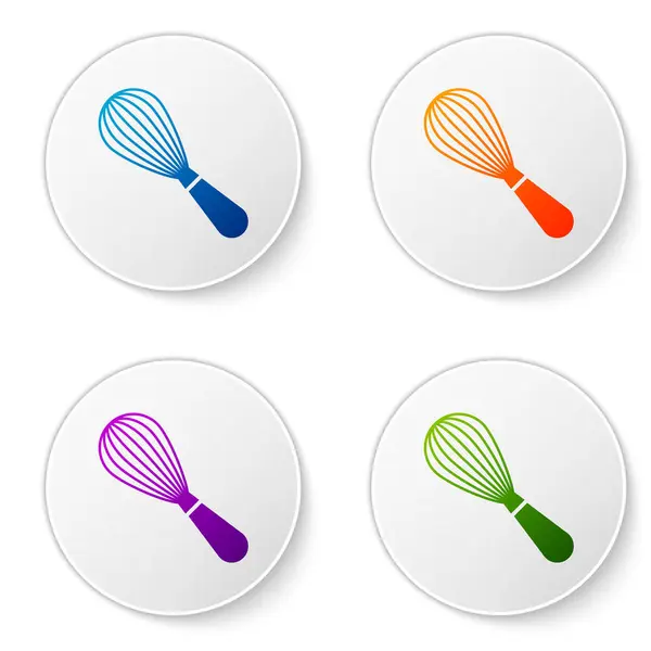 Color Icono de batidor de cocina aislado sobre fondo blanco. Utensil de cocina, batidor de huevos. Signo de cubertería. Comida mezcla símbolo. Establecer iconos en botones de círculo. Ilustración vectorial — Vector de stock