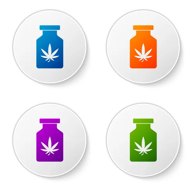 Beyaz arka planda marihuana ya da kenevir yaprağı ikonu bulunan renkli tıbbi şişe. Kavanozlardaki kenevir yağı özlerini taklit et. Simgeleri daire düğmelerine ayır. Vektör İllüstrasyonu — Stok Vektör