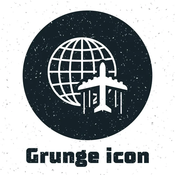 Grunge Globe met Flying Plane icoon geïsoleerd op witte achtergrond. Vliegtuig vliegen rond de planeet aarde. Vliegtuig wereld icoon. Vector illustratie — Stockvector