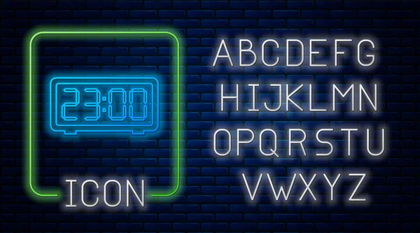 Leuchtende Neon Digital-Wecker-Symbol isoliert auf Backsteinwand Hintergrund. Elektronische Uhr Wecker. Zeitzeichen. Neonlicht-Alphabet. Vektorillustration — Stockvektor