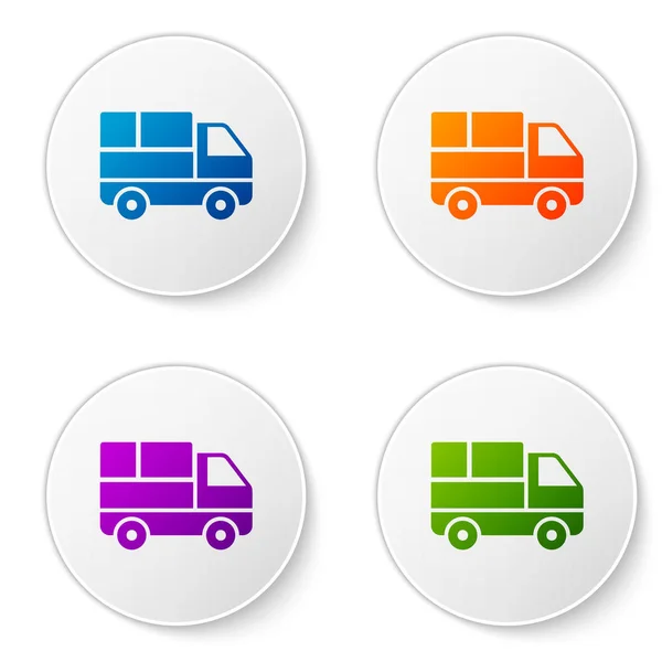 Camión de entrega de color con cajas de cartón detrás del icono aislado sobre fondo blanco. Establecer iconos en botones de círculo. Ilustración vectorial — Archivo Imágenes Vectoriales