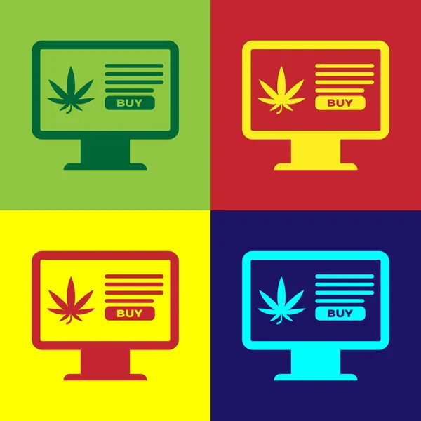 Monitor de computadora a color y marihuana medicinal o icono de la hoja de cannabis aislado en el fondo de color. Símbolo de compra online. Cesta del supermercado. Ilustración vectorial — Archivo Imágenes Vectoriales