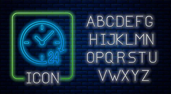 Gloeiende neon klok 24 uur pictogram geïsoleerd op bakstenen muur achtergrond. Hele dag cyclisch icoon. 24 uur service symbool. Neon licht alfabet. Vector illustratie — Stockvector