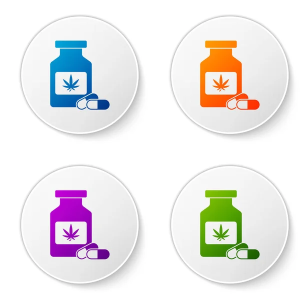 Beyaz arka planda marihuana ya da kenevir yaprağı ikonu bulunan renkli tıbbi şişe. Kavanozlardaki kenevir yağı özlerini taklit et. Simgeleri daire düğmelerine ayır. Vektör İllüstrasyonu — Stok Vektör