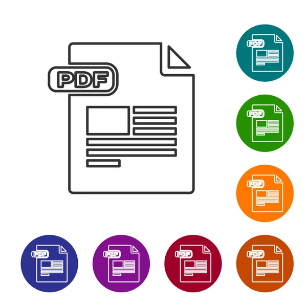 Έγγραφο αρχείο PDF γκρι γραμμής. Κατεβάστε το εικονίδιο του κουμπιού PDF απομονωμένο σε λευκό φόντο. Σύμβολο αρχείου PDF. Ορισμός εικονιδίων σε έγχρωμα κουμπιά ΚΥΚΛΩΝ. Απεικόνιση διανυσματικών φορέων — Διανυσματικό Αρχείο