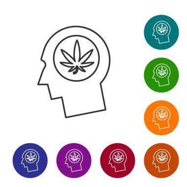 Beyaz arka plan üzerinde esrar veya esrar yaprağı simgesi ile profil erkek baş Gri çizgi Siluet. Marihuana yasallaştırma. Kenevir sembolü. Simgeleri renk çemberi düğmelerinde ayarlayın. Vektör İllüstrasyonu
