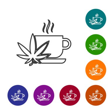 Beyaz arka plan üzerinde izole marihuana veya esrar yaprağı simgesi ile Gri çizgi Fincan çay. Marihuana yasallaştırma. Kenevir sembolü. Simgeleri renk çemberi düğmelerinde ayarlayın. Vektör İllüstrasyonu
