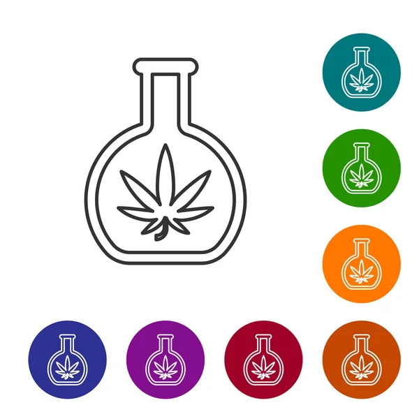 Graue Linie chemisches Reagenzglas mit Marihuana oder Cannabis Blatt Symbol isoliert auf weißem Hintergrund. Forschungskonzept. Labor cbd Öl-Konzept. setzen Sie Symbole in Farbkreis-Buttons. Vektorillustration — Stockvektor