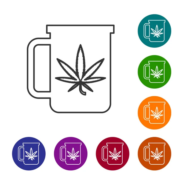 Graue Linie Tasse Tee mit Marihuana oder Cannabisblatt Symbol isoliert auf weißem Hintergrund. Marihuana-Legalisierung. Hanf-Symbol. setzen Sie Symbole in Farbkreis-Buttons. Vektorillustration — Stockvektor