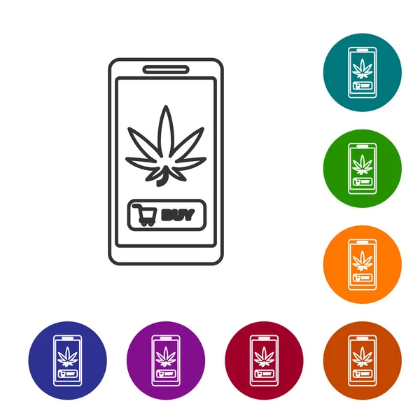 Graue Linie Mobiltelefon und medizinisches Marihuana oder Cannabis Blatt Symbol isoliert auf weißem Hintergrund. Online-Kauf-Symbol. Supermarktkorb. setzen Sie Symbole in Farbkreis-Buttons. Vektorillustration — Stockvektor