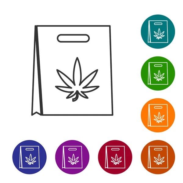 Graue Linie Einkaufstasche mit medizinischem Marihuana oder Cannabisblatt Symbol isoliert auf weißem Hintergrund. Cannabis kaufen. Hanf-Symbol. setzen Sie Symbole in Farbkreis-Buttons. Vektorillustration — Stockvektor