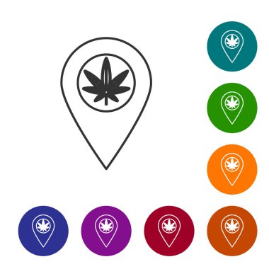 Gri çizgi Harita işaretçisi ve esrar veya esrar yaprağı simgesi beyaz arka plan üzerinde izole. Kenevir sembolü. Simgeleri renk çemberi düğmelerinde ayarlayın. Vektör İllüstrasyonu