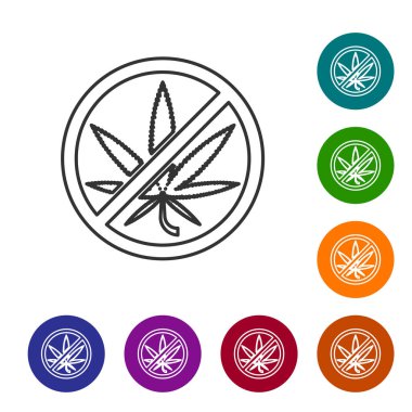 Gri çizgi Durdur marihuana veya esrar yaprağı simgesi beyaz arka plan üzerinde izole. Esrar içmek yok. Kenevir sembolü. Simgeleri renk çemberi düğmelerinde ayarlayın. Vektör İllüstrasyonu