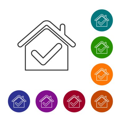 Beyaz arka planda yalıtılmış onay işareti simgesine sahip gri çizgi House. Emlak ajansı veya yazlık kasaba elit sınıf. Simgeleri renk çemberi düğmelerinde ayarlayın. Vektör İllüstrasyonu