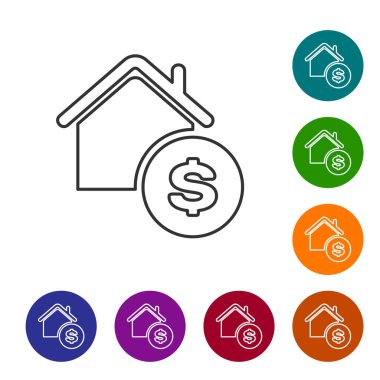 Beyaz arka planda izole dolar sembolü simgesi ile Gri çizgi House. Ev ve para. Gayrimenkul konsepti. Simgeleri renk çemberi düğmelerinde ayarlayın. Vektör İllüstrasyonu