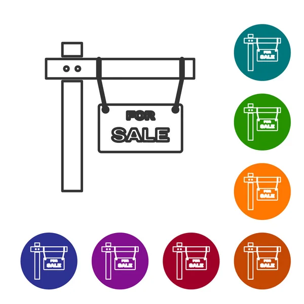 Grå linje hängande skylt med text till salu ikon isolerad på vit bakgrund. Skylt med text till salu. Ställ in ikoner i färgcirkel knappar. Vektor illustration — Stock vektor