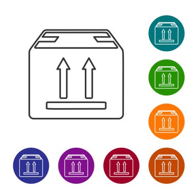 Beyaz arka planda trafik sembolü simgesi olan gri çizgi Karton kutu. Kutu, paket, paket tabelası. Teslimat, nakliye ve nakliye. Simgeleri renk çemberi düğmelerinde ayarlayın. Vektör İllüstrasyonu