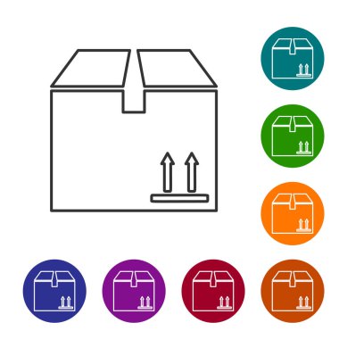 Beyaz arka planda trafik sembolü simgesi olan gri çizgi Karton kutu. Kutu, paket, paket tabelası. Teslimat, nakliye ve nakliye. Simgeleri renk çemberi düğmelerinde ayarlayın. Vektör İllüstrasyonu