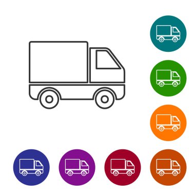 Beyaz arka plan üzerinde Gri hat Teslimat kargo kamyon araç simgesi. Simgeleri renk çemberi düğmelerinde ayarlayın. Vektör İllüstrasyonu