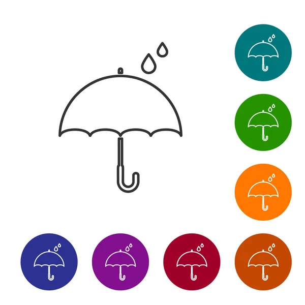 灰色のライン傘と雨は白い背景にアイコンをドロップします。防水アイコン。保護、安全、セキュリティの概念。耐水性記号。カラーサークルボタンにアイコンを設定します。ベクトルイラストレーション — ストックベクタ