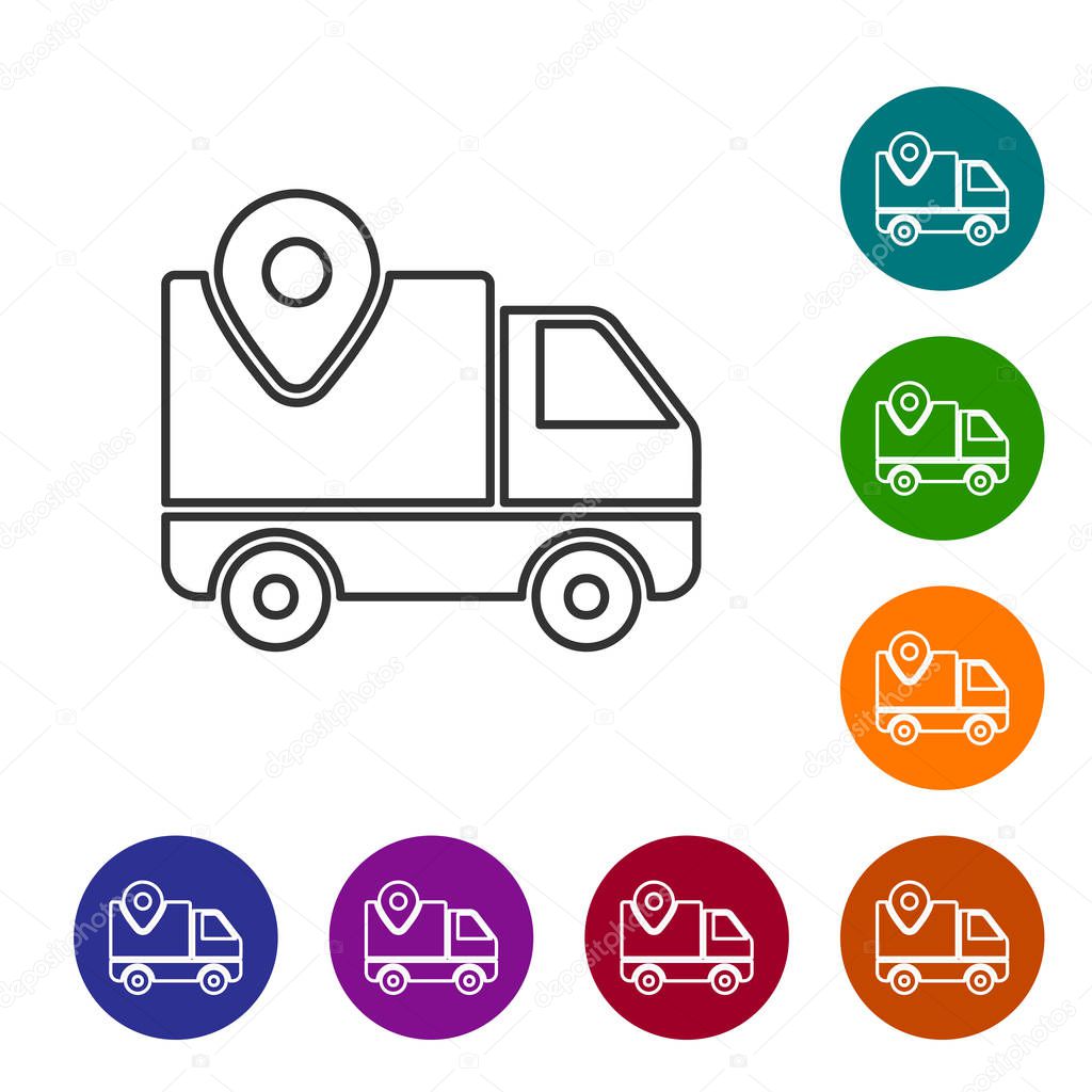 Grey line Delivery tracking icon on white background. Parcel tracking. Set icons in color circle buttons. Vector Illustration